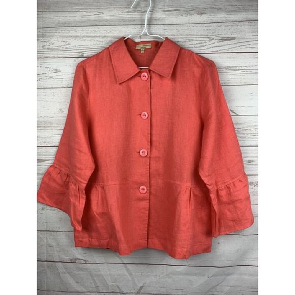 CHOICES Crop‎ Jacket Womens Small 3/4 sleeves Coral Linen Button front Coastal
